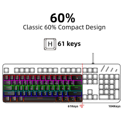 Snpurdiri 60% kabelgebundene Mechanische Gaming Tastatur, Anti-Ghosting 61 Tasten, RGB-Hintergrundbeleuchtung, Ultrakompakter Blauer Schalter, Doppelfuß, Schwarz