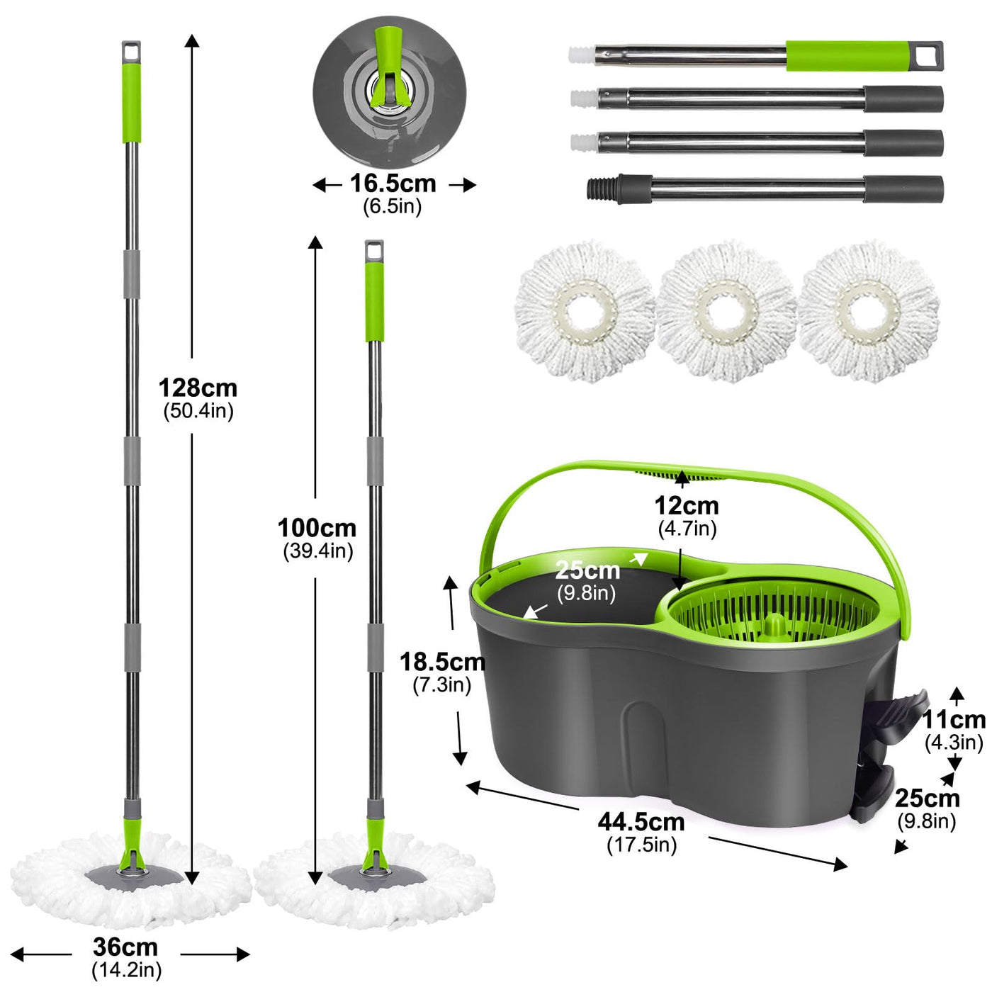 Wischmopp Set mit Eimer, Masthome 2-in-1 Bodenwischer Komplett Set mit 3 Mikrofaser-Pads, Wischmopp mit Verstellbarer Edelstahlstiel (100-128cm),Putzeimer mit Wischmopp für Laminat(Grün)