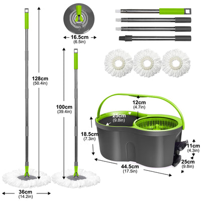Wischmopp Set mit Eimer, Masthome 2-in-1 Bodenwischer Komplett Set mit 3 Mikrofaser-Pads, Wischmopp mit Verstellbarer Edelstahlstiel (100-128cm),Putzeimer mit Wischmopp für Laminat(Grün)