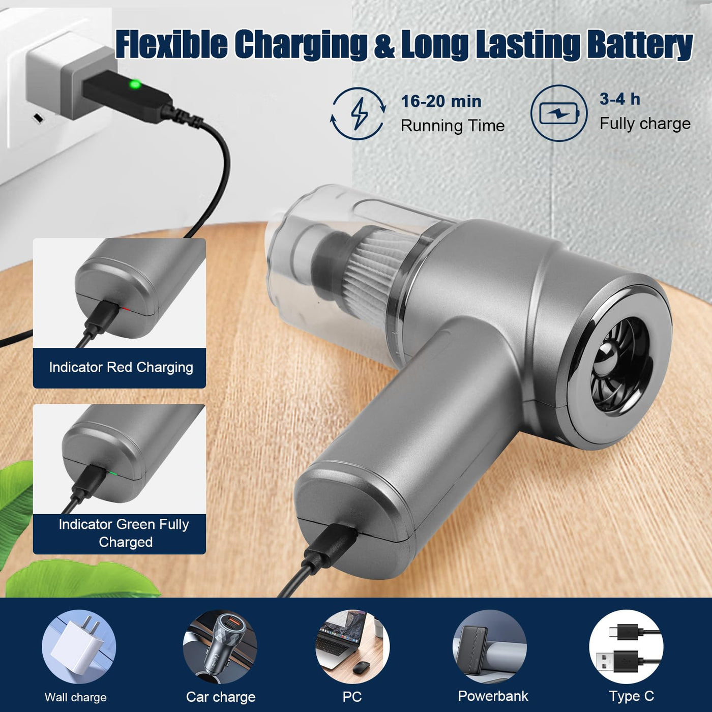 AGARELE Handstaubsauger 12000Pa Auto Staubsauger USB-C Wiederaufladbarer Akku Handstaubsauger Kabellos 4 in 1 Mini Staubsauger für den Auto, Haus, Küche Grau