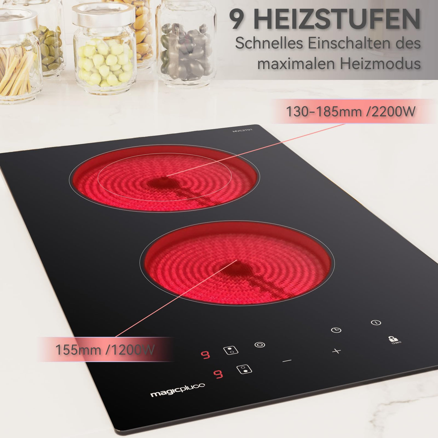 magicplux Glaskeramikkochfeld mit 2 kochfelder 29,5cm, 9 Heizstufen, Berührungssteuerung, Kindersicherung, Timer, Geeignet für alle Kochgeschirre, 3400W
