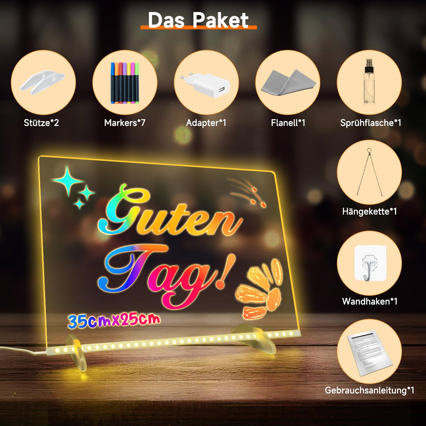 Led Zeichenbrett, Leuchtendes Led Zeichenbrett für Kinder mit 13 Farben & 6 Modi, 35x25cm Acryl Schreibtafel Kinder mit Adapter für Maltafel, Memo, Werbung, Nachtlicht, Wanddekoration