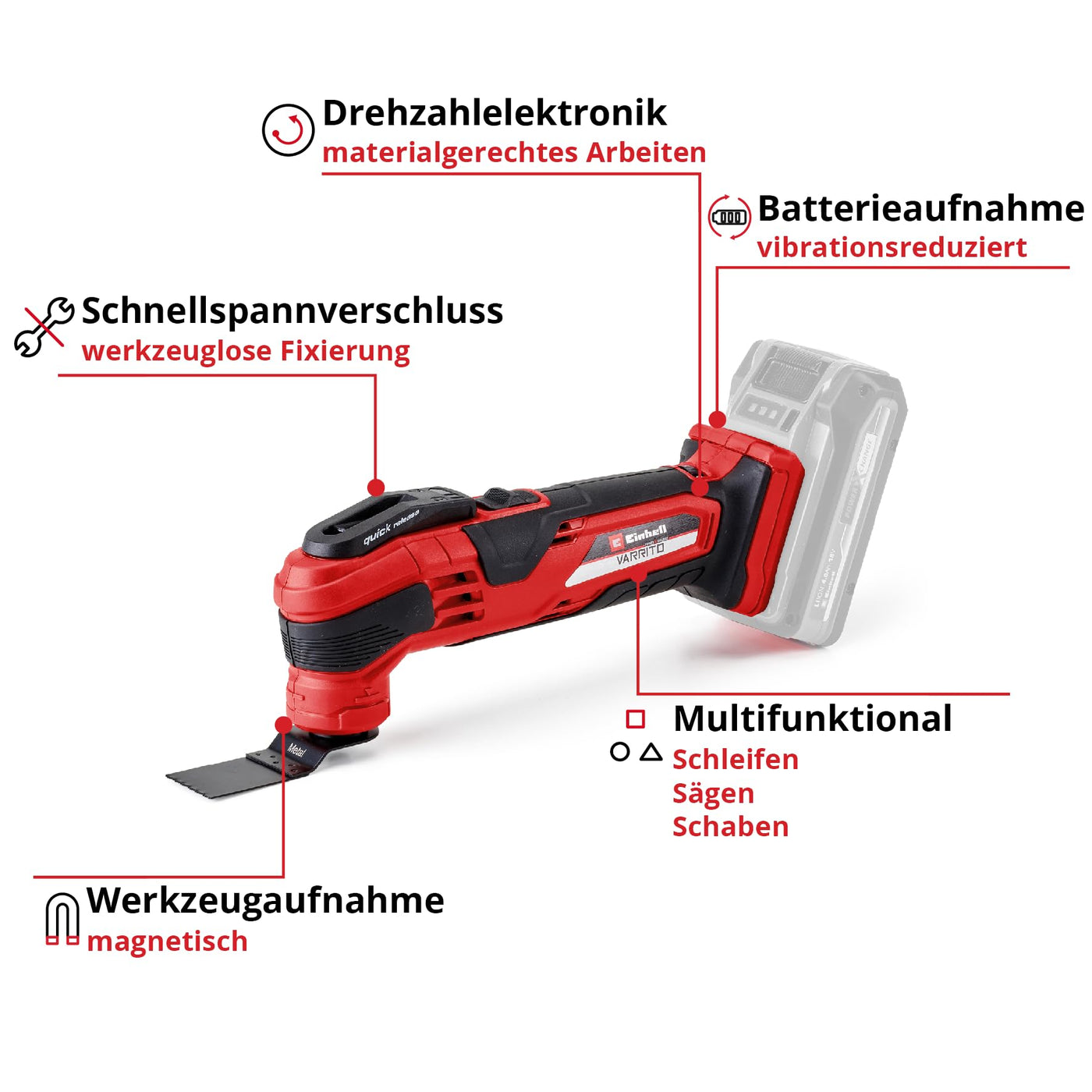 Einhell Akku-Multifunktionswerkzeug VARRITO Power X-Change (Li-Ion, 18 V, 22.000 bis 40.000 min-1, Drehzahl-Elektronik, Schnellspannverschluss, magnetische Werkzeugaufnahme, ohne Akku und Ladegerät)