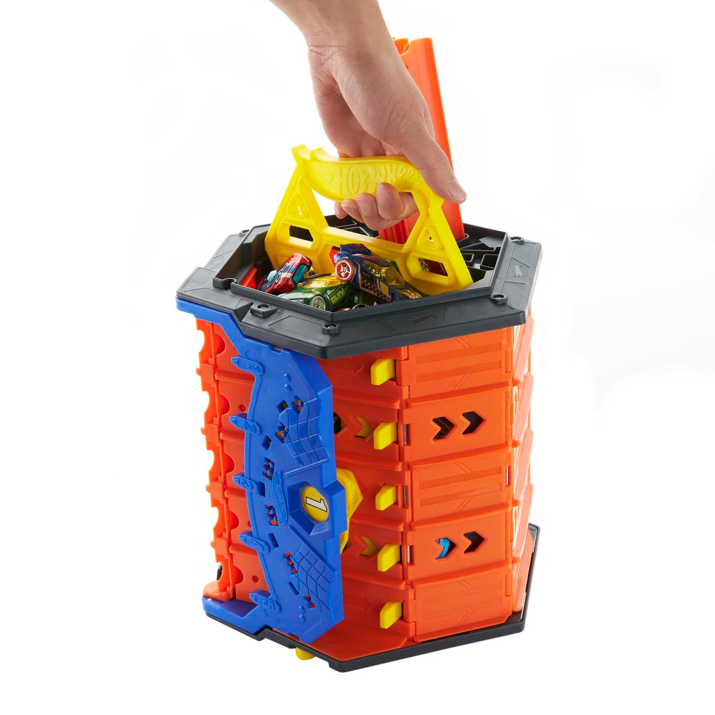 Hot Wheels HGK41 - Rollout Raceway Trackset, lässt Sich zu Einer fünfspurigen Rennstrecke ausrollen, Aufbewahrungsbehälter, Spielzeug Autorennbahn für Kinder ab 4 Jahren