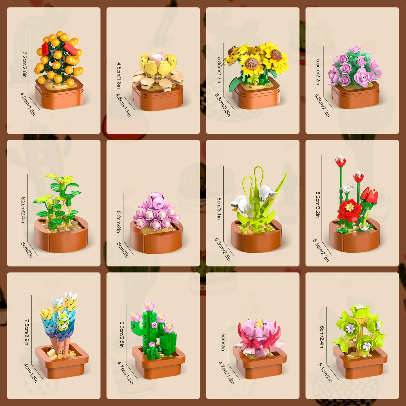 12 Blumen Sukkulenten 3.6MM Mini Bausätze – 1403 Stück Botanisches Set, Büro & Heimdekor, Blumenpflanzen, Bonsai Bausteinspielzeug, kreatives Bauprojekt für Erwachsene, Geschenke für Frauen Kinder 10+