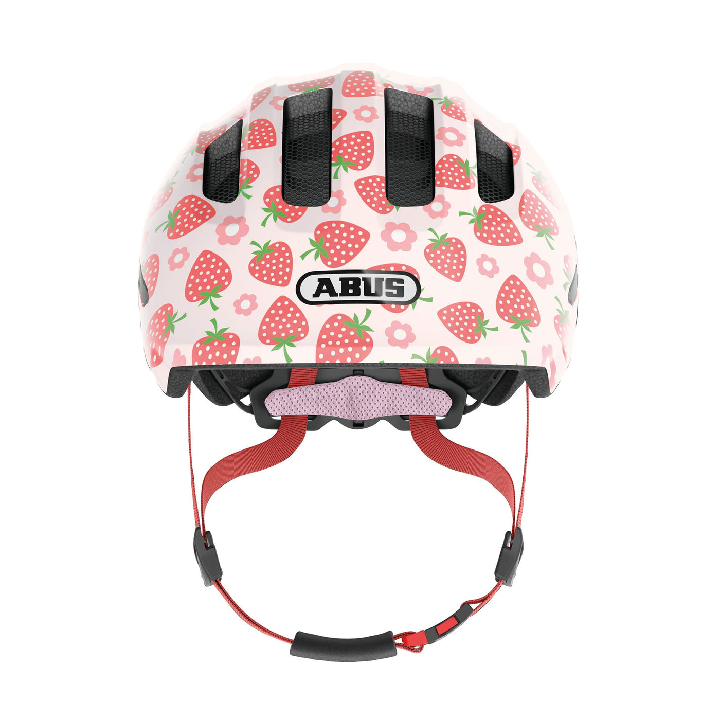ABUS Kinderhelm Smiley 3.0 LED - Fahrradhelm mit Licht - tiefe Passform & Platz für einen Zopf - für Mädchen und Jungs - Rosa mit Erdbeer-Muster, Größe M