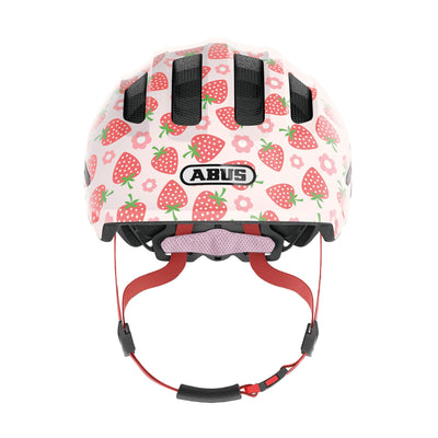 ABUS Kinderhelm Smiley 3.0 LED - Fahrradhelm mit Licht - tiefe Passform & Platz für einen Zopf - für Mädchen und Jungs - Rosa mit Erdbeer-Muster, Größe M