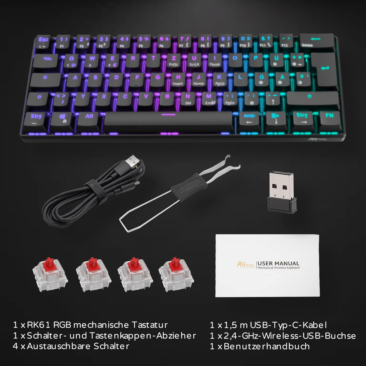 RK61 RGB Gaming-Tastatur, 2,4 GHz Wireless/Bluetooth/Wired 60% Mechanische Tastatur 61 Tasten, Hot-Swap-fähiger Roter Schalter mit RGB-Beleuchtung, Kompatibel für Win/Mac, Schwarz (QWERTZ)