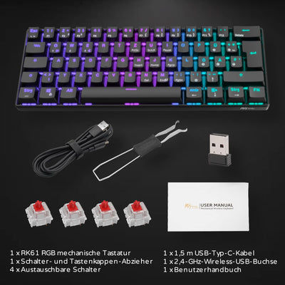 RK61 RGB Gaming-Tastatur, 2,4 GHz Wireless/Bluetooth/Wired 60% Mechanische Tastatur 61 Tasten, Hot-Swap-fähiger Roter Schalter mit RGB-Beleuchtung, Kompatibel für Win/Mac, Schwarz (QWERTZ)