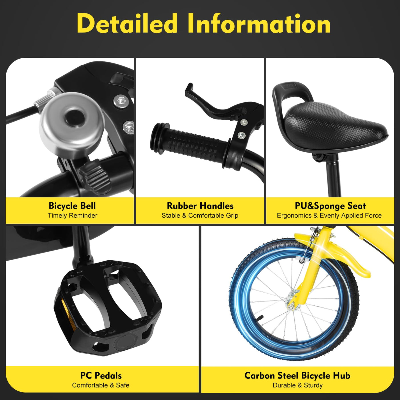 WAPHOERTE 14-Zoll-Kinderfahrrad Anfängerfahrrad mit Stützrädern, Trainingsfahrzeug für 2-4-Jährige Jungen und Mädchen, Höhenverstellbar, Maximal zulässiges Gewicht 50 kg, Gelb + Schwarz