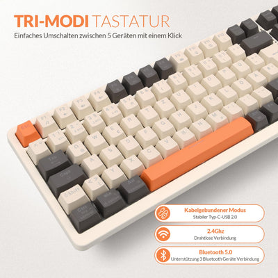Rii Mechanische Tastatur Kabellos, Gaming Tastatur Bluetooth, Tri-Modi Gaming Tastatur 75 Prozent mit QWERTZ, 20 Arten von Regenbogen-LED-Hintergrundbeleuchtungen (BT5.0 + 2.4GHz + Kabel)