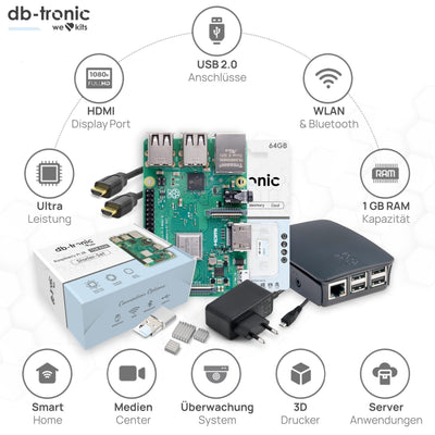 Raspberry Pi 3 B Starter-Set | Netzteil | Gehäuse | 64GB SD-Karte | HDMI Kabel 1m | USB-Kartenleser | Kühlkörper | Raspberry Pi 3 B 1GB RAM