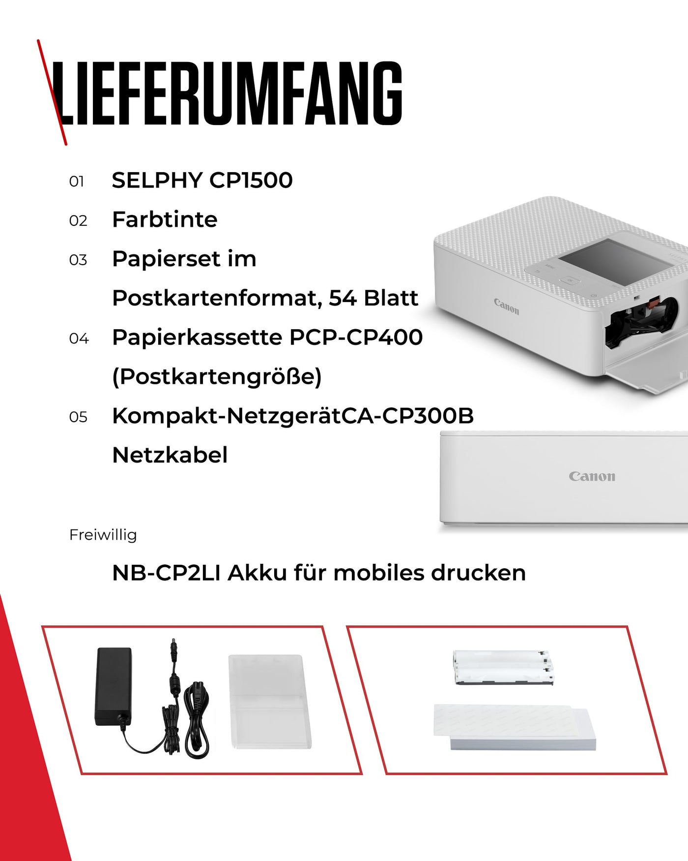 Canon SELPHY CP1500 Mobiler Fotodrucker mit Papierset, Weiß - Drahtloser Bluetooth-Drucker mit Zubehör - Kompakt und Leicht - Mi 54 Blatt Papier im 4x6 Postkartenformat