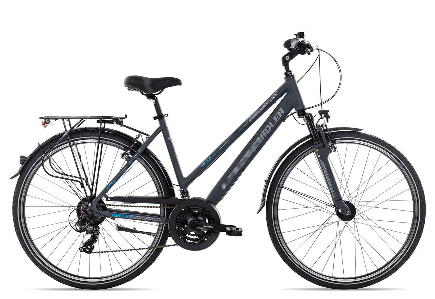 Adler Verona Trapez Damenrad 28 Zoll 21 Gang Trekkingrad aus Aluminium, Farbe:Darkgrey matt/Grey Blue, Rahmengröße:55 cm, Laufradgröße:28 Zoll