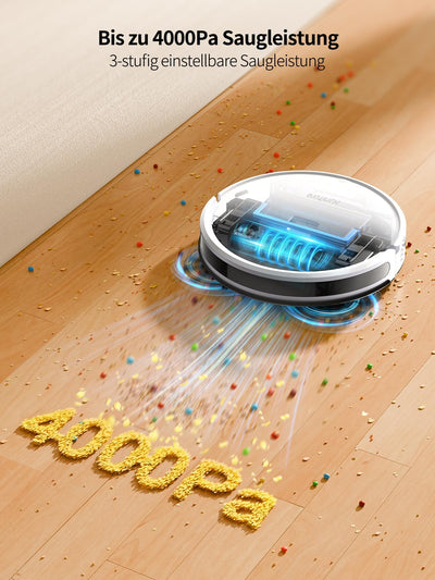 HONITURE Staubsauger Roboter, G20 Saugroboter mit Wischfunktion,4000Pa,Kehren Saugen Wischen 3 in 1 Roboterstaubsauger,Ideal für Tierhaare, Teppiche und Hartböden,Sprach- und Fernbedienungssteuerung