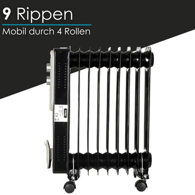 Öl Radiator 9 Rippen | 2000 Watt | 3 Stufen | Energiesparend | Ölradiator | Radiator Heizung | Heater | Heizgerät | Paneelheizkörper | Elektroheizung | Öl-Radiator | Heizkörper | Mini Heizung