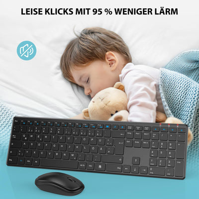 Tastatur Maus Set Kabellos, SABLUTE 2,4GHz UltraDünn Leise Kabellose Tastatur und Maus, Ergonomisch Funktastatur in Voller Größe mit 19 Sondertasten und einen Nummernblock, für PC, Laptop, Windows