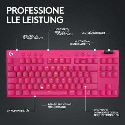 Logitech G PRO X TKL LIGHTSPEED kabellose Gaming-Tastatur, ultramobiles Design ohne Ziffernblock, LIGHTSYNC RGB, PBT-Tastenkappen, Tactile Switches (GX Brown), QWERTZ Deutsches, PC - Magenta