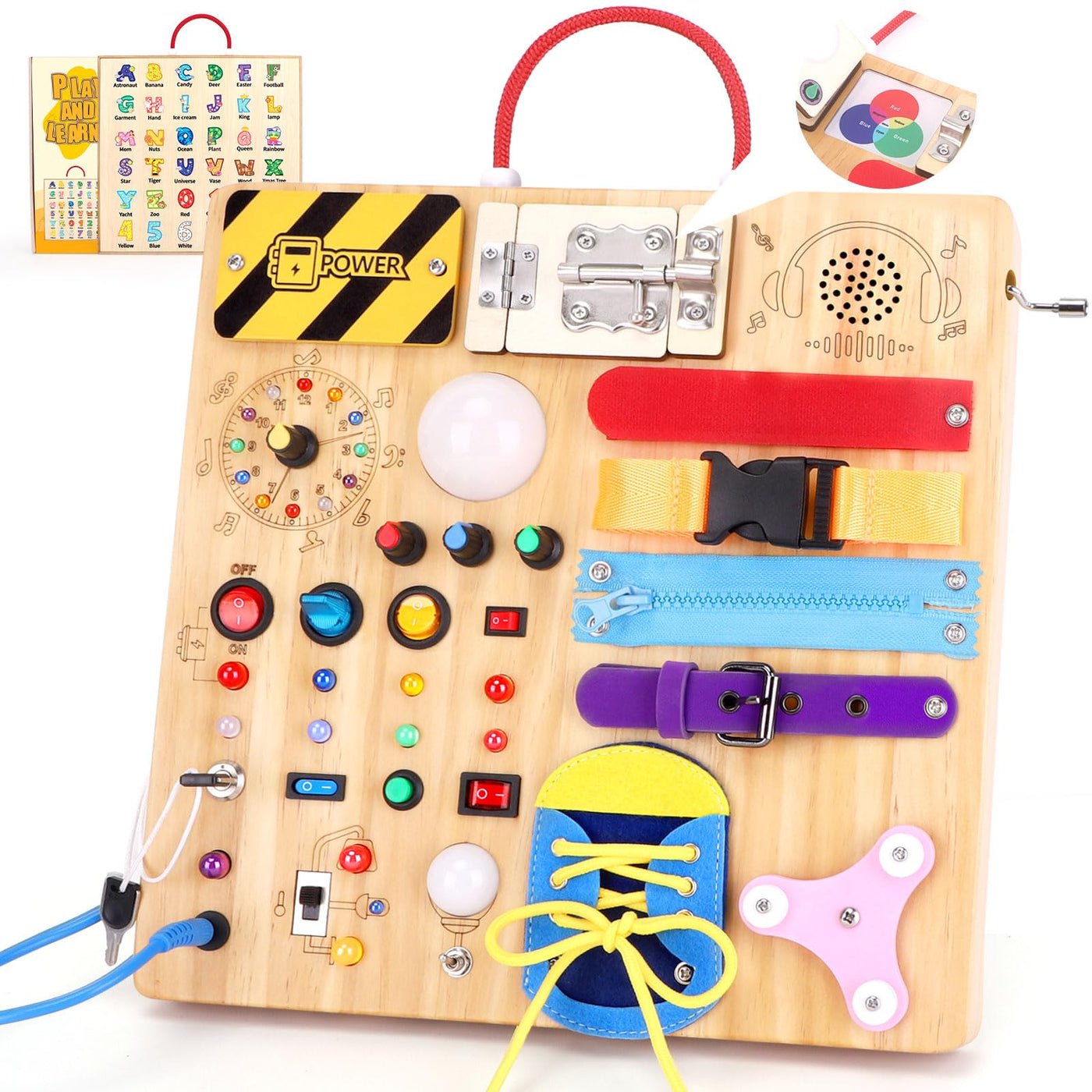 23 in 1 Busy Board Montessori Spielzeug ab 1 jahr Activity Board Spielzeug ab 2 3 jahre Holzspielzeug Sensory Spielzeug mit 15 Schalter,26 LED-Leuchten,Spieluhr,Schloss,Reißverschluss,Schnürsenkeln