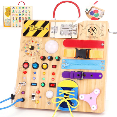 23 in 1 Busy Board Montessori Spielzeug ab 1 jahr Activity Board Spielzeug ab 2 3 jahre Holzspielzeug Sensory Spielzeug mit 15 Schalter,26 LED-Leuchten,Spieluhr,Schloss,Reißverschluss,Schnürsenkeln