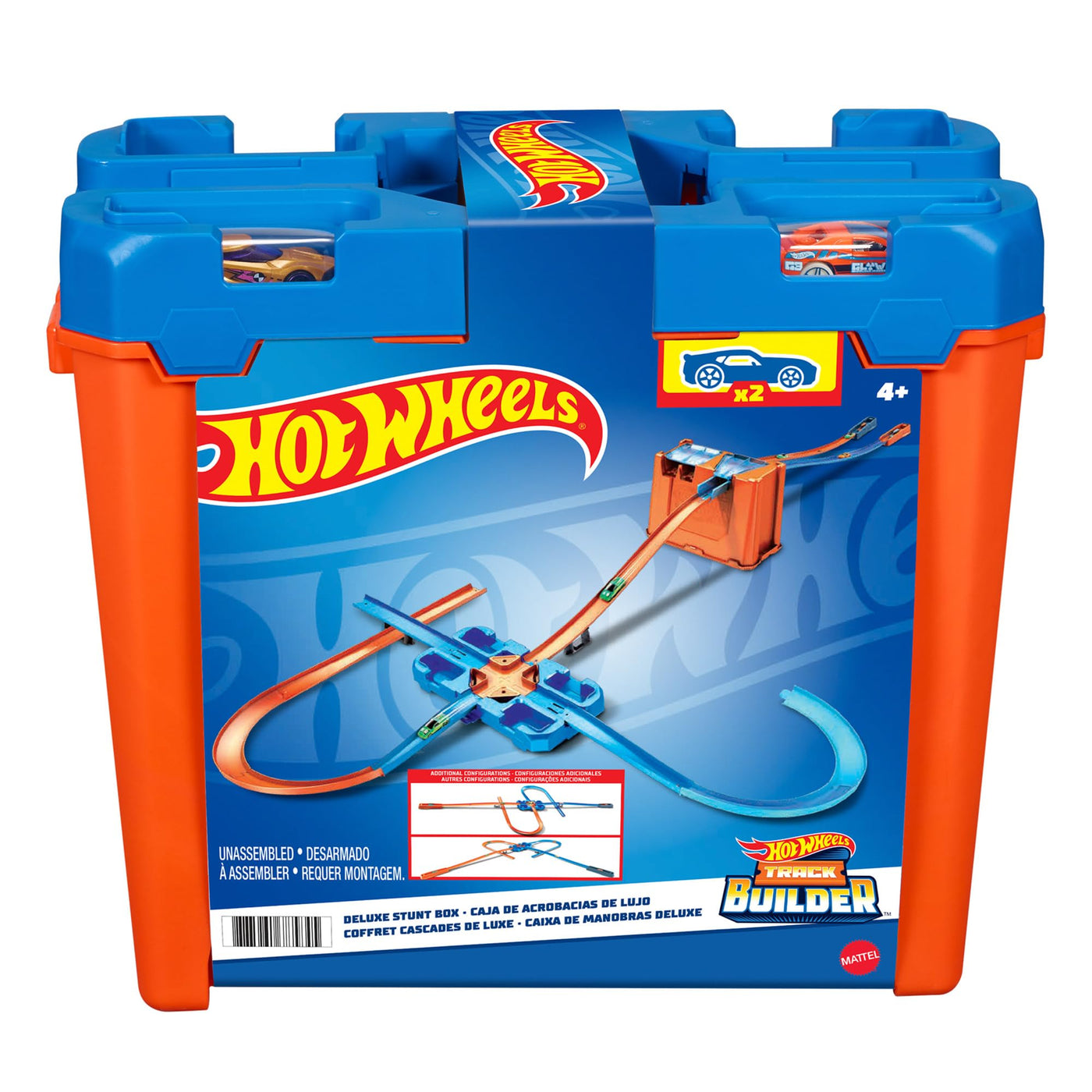 Hot Wheels Bahn Track Builder, Autorennbahn Bauset für Hot Wheels Autos, inkl. 2 Spielzeugautos, Spurwechsler, steile Kurven, Crashzone, Auto Spielzeug, Spielzeug ab 4 Jahre, GGP93