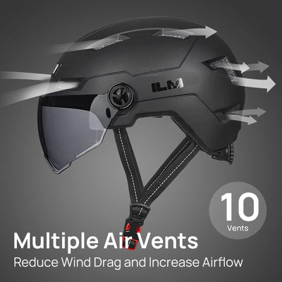 ILM Fahrradhelm mit Visier und LED Licht Mountain&Road Fahrradhelme für Damen und Herren Fahrradhelm für Pendeln in der Stadt E3-10L，schwarz L-XL