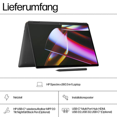HP Spectre x360 2-in-1 Convertible Laptop | Intel Core Ultra 7 155H mit integrierter KI | 16" WQXGA IPS Touchscreen | 16GB RAM | 1TB SSD | Intel Arc Graphics | Win11 | QWERTZ Copilot Key | Schwarz