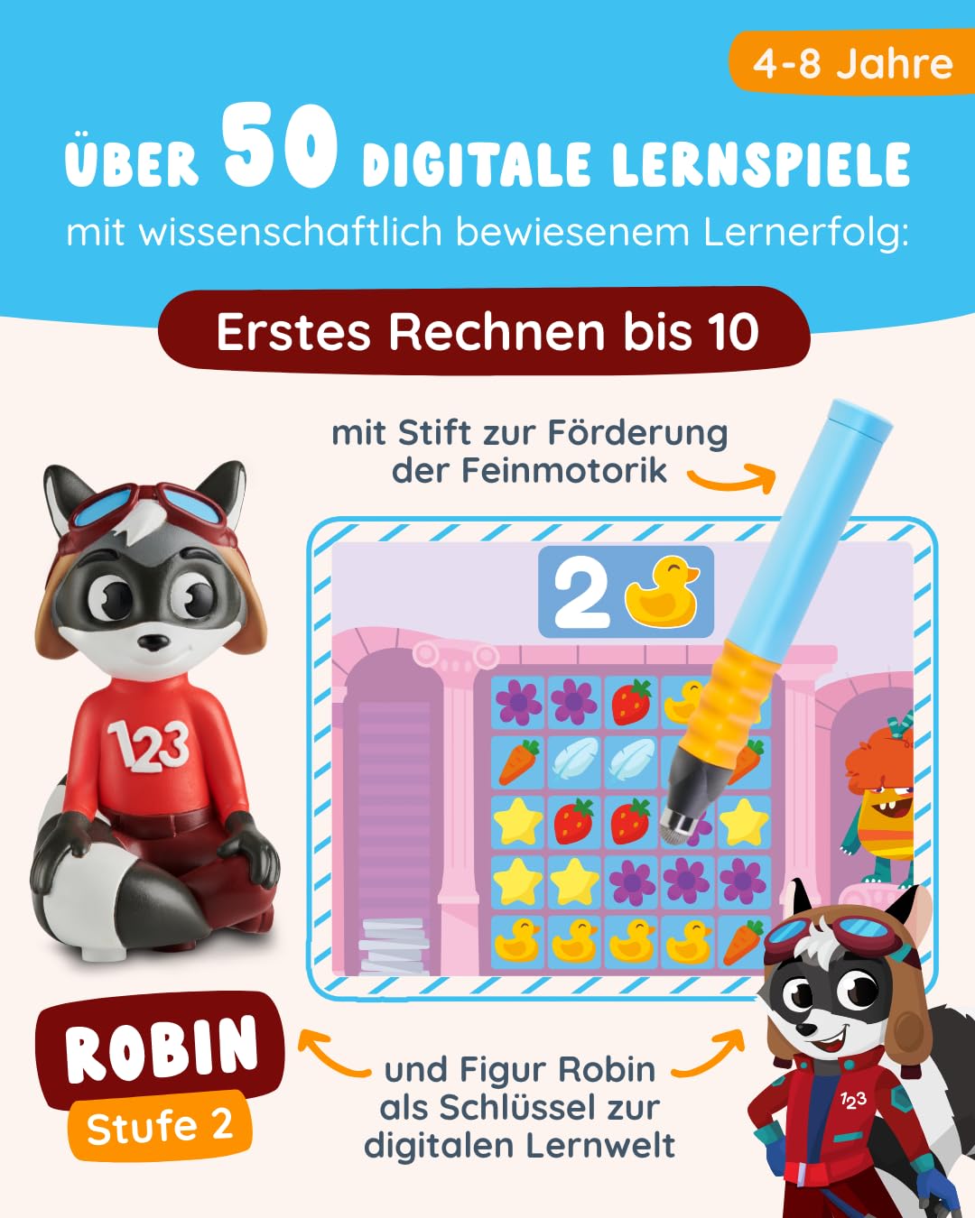 Edurino Starterset Robin Erstes Rechnen bis 10 (Stufe 2) ab 4 J. inkl. Eingabestift | Innovatives und digitales Lernspiel | Zahlenverständnis | Zahlen sortieren & ordnen | Erstes Plus- & Minusrechnen