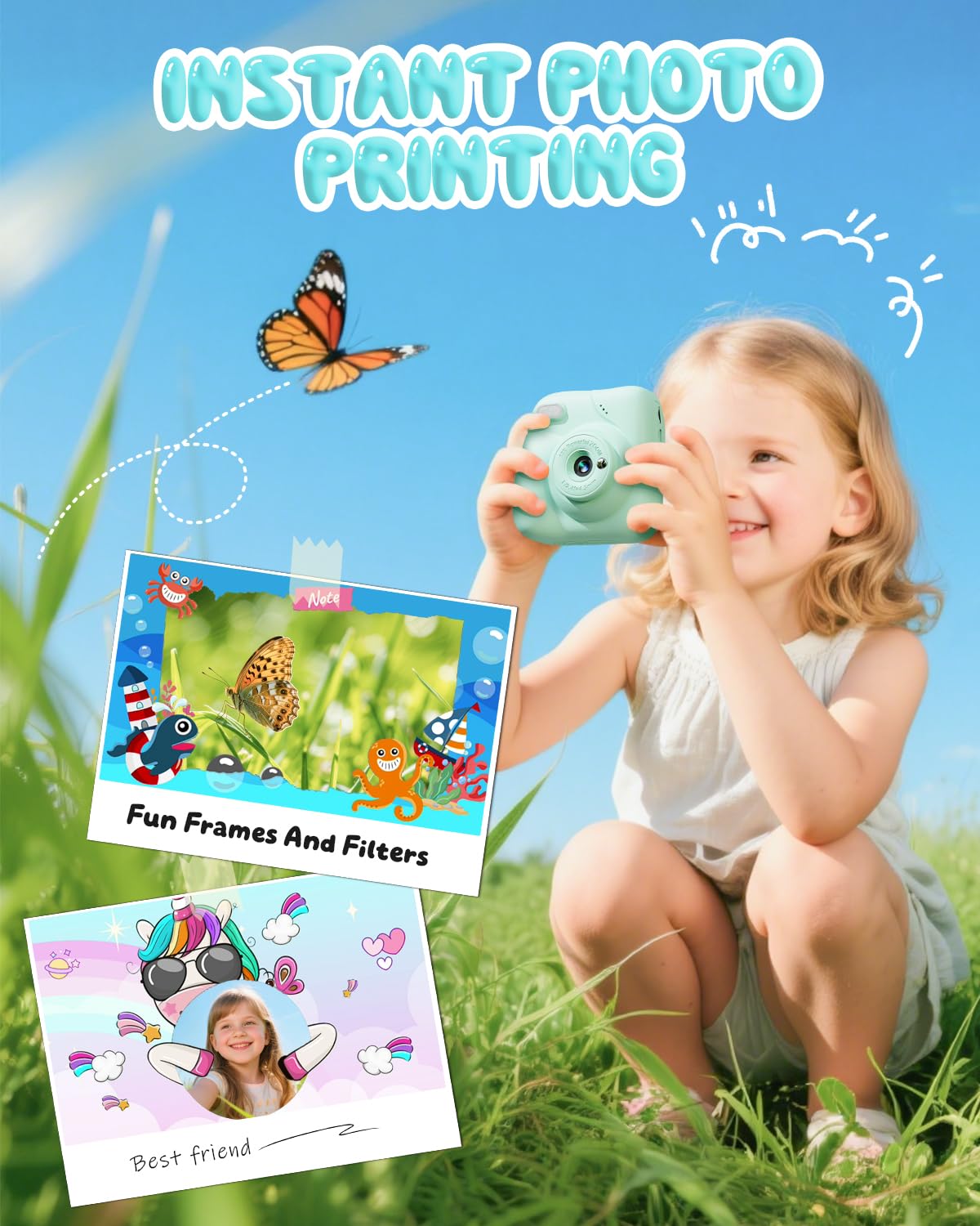 CAMCLID Kinderkamera Sofortbildkamera, 1080P Sofortbildkamera Kinder mit 32GB Karte & 3 Rollen Druckpapier, 48MP Digitalkamera Kinder Kamera, Geschenk für Jungen und Mädchen 3-12 Jahre (Grün)