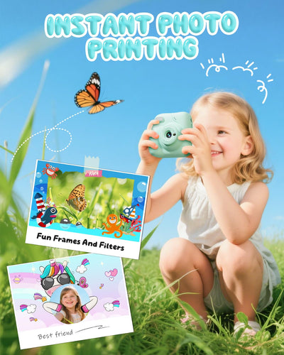 CAMCLID Kinderkamera Sofortbildkamera, 1080P Sofortbildkamera Kinder mit 32GB Karte & 3 Rollen Druckpapier, 48MP Digitalkamera Kinder Kamera, Geschenk für Jungen und Mädchen 3-12 Jahre (Grün)