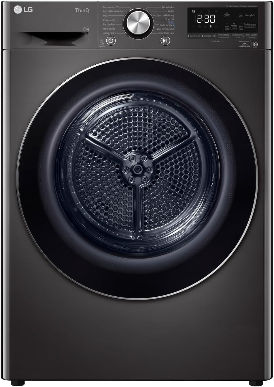 LG RT80V9B, Klasse A+++,Trockner 8 kg, Wärmepumpentrockner mit Kurzprogramm, Trockensensor, Trommelmaterial aus Edelstahl, 60 x 69 x 85 cm ꟷ Schwarz