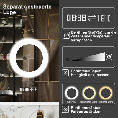 furduzz LED-Badezimmerspiegel mit 3-facher Vergrößerung, 1000x600 mm Wandspiegel mit Beleuchtung, dimmbar, Digitaluhr, Temperatur, 3 Farben, Antibeschlag, Memory-Funktion, beleuchteter Schminkspiegel