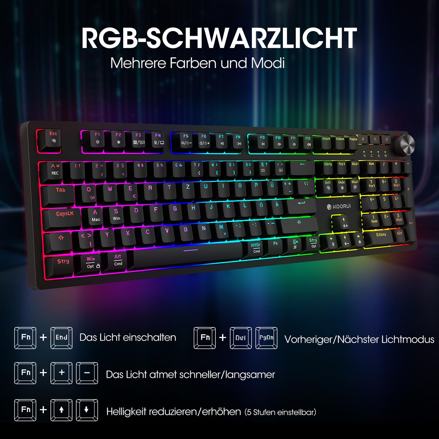 KOORUI Gaming Tastatur, Mechanisch Tastatur QWERTZ Deutsches Layout 104 Tasten 26 RGB Hinterleuchtet Kabelgebunden Gaming Keyboard für Windows MacOS Linux-Rotem Schalter