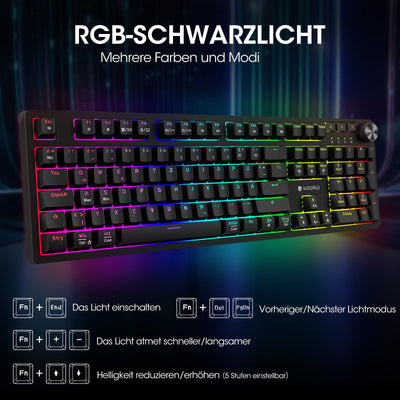 KOORUI Gaming Tastatur, Mechanisch Tastatur QWERTZ Deutsches Layout 104 Tasten 26 RGB Hinterleuchtet Kabelgebunden Gaming Keyboard für Windows MacOS Linux-Rotem Schalter