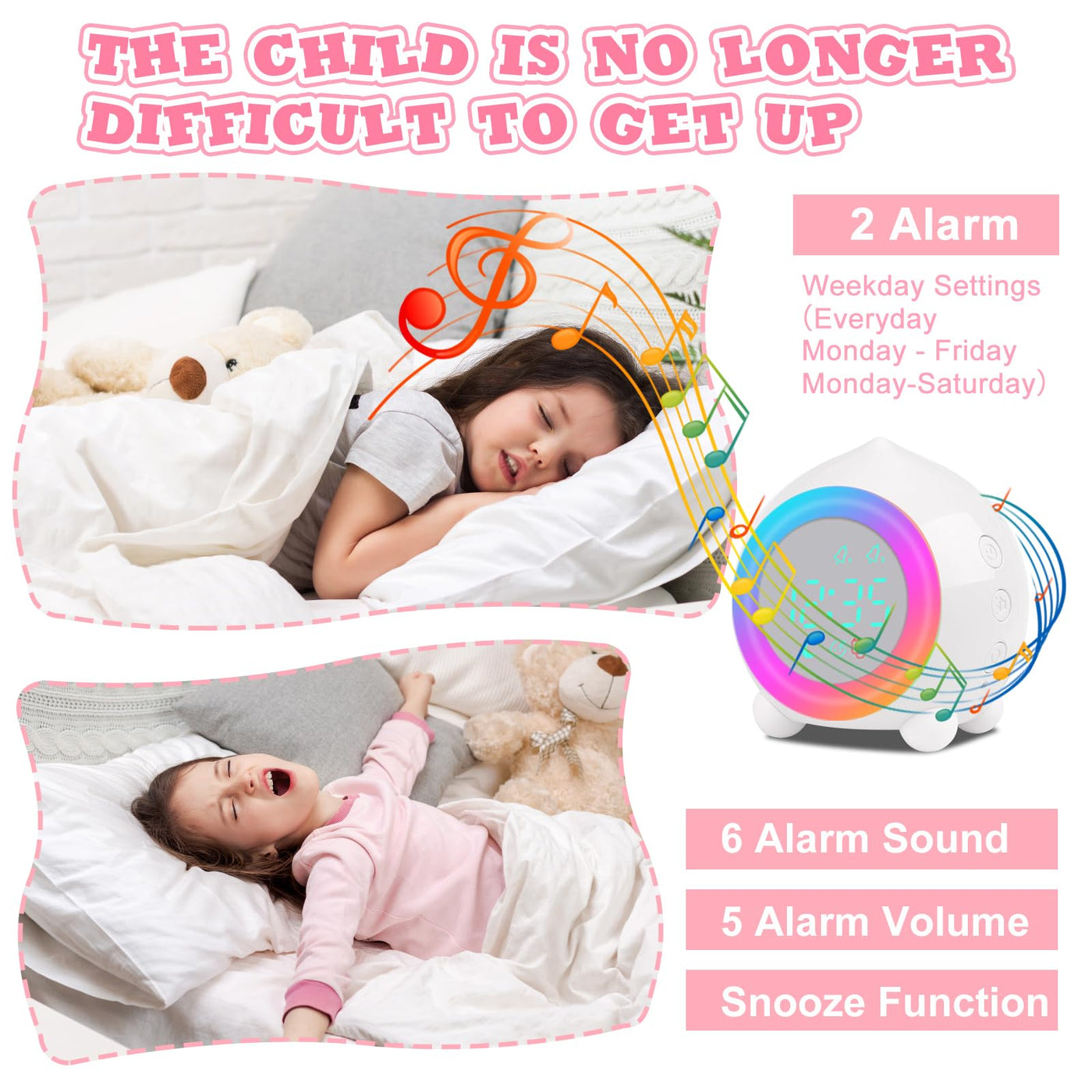 Ayybboo Kinderwecker Digitaler,Wecker Digital Sonnenaufgangssimulator Kinderwecker für Mädchen Jungen mit Bunte Lichter Leiser Wecker Ohne Ticken Schlafzimmer (Weiß)