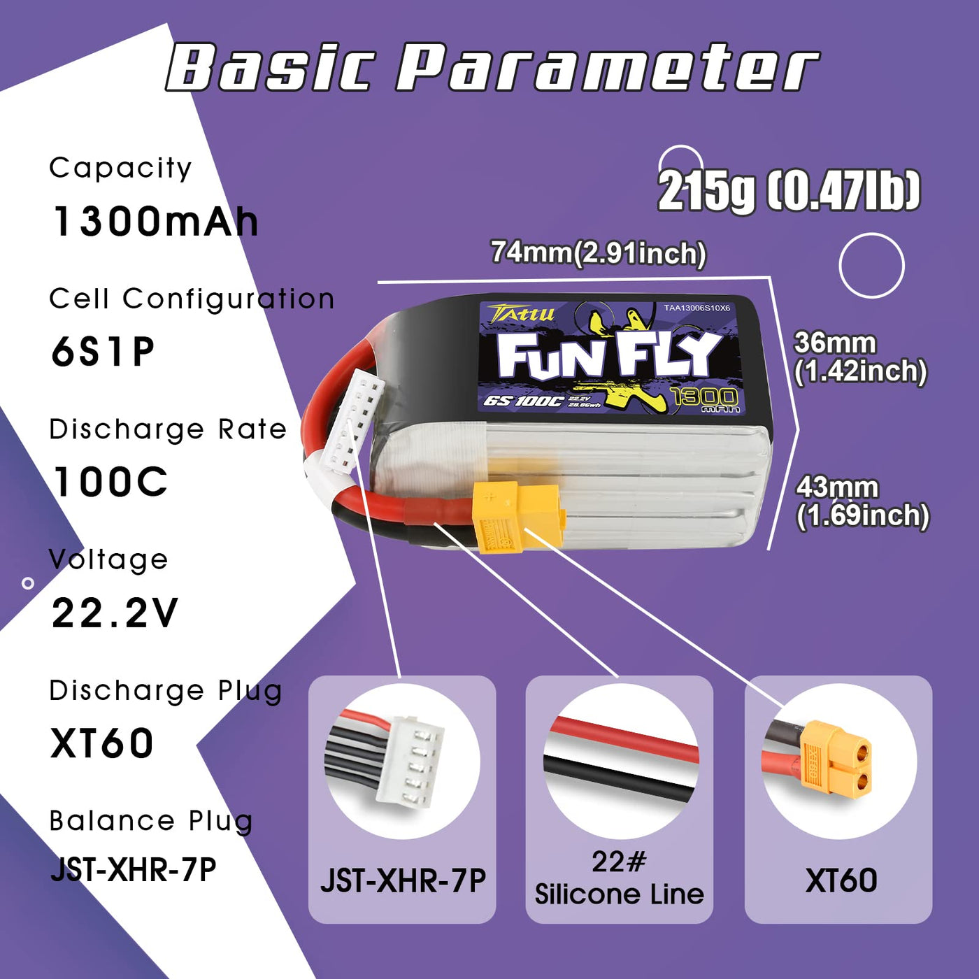 Tattu Lipo 6S Akku 1300mAh 22,2V 100C Lipo Akku Funfly mit XT60 Anschluss für UAV Drone FPV Race RC Quadcopter
