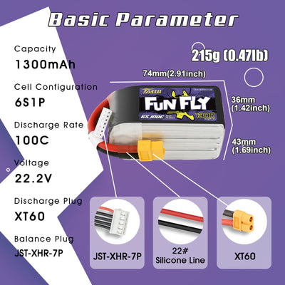 Tattu Lipo 6S Akku 1300mAh 22,2V 100C Lipo Akku Funfly mit XT60 Anschluss für UAV Drone FPV Race RC Quadcopter