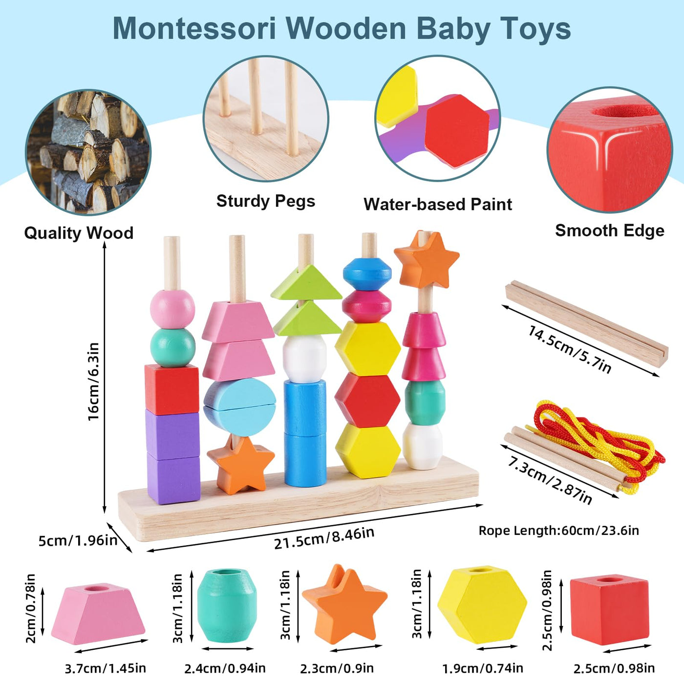 Montessori Spielzeug ab 3 4 5 Jahre, Holzspielzeug Steckspiel Fädelspiel Bausteine Sortierspiel für Kinder, Holz Stapelspiel Feinmotorik Motorikspielzeug Lernspiele Geschenk für Baby Junge Mädchen