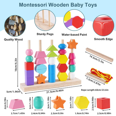 Montessori Spielzeug ab 3 4 5 Jahre, Holzspielzeug Steckspiel Fädelspiel Bausteine Sortierspiel für Kinder, Holz Stapelspiel Feinmotorik Motorikspielzeug Lernspiele Geschenk für Baby Junge Mädchen