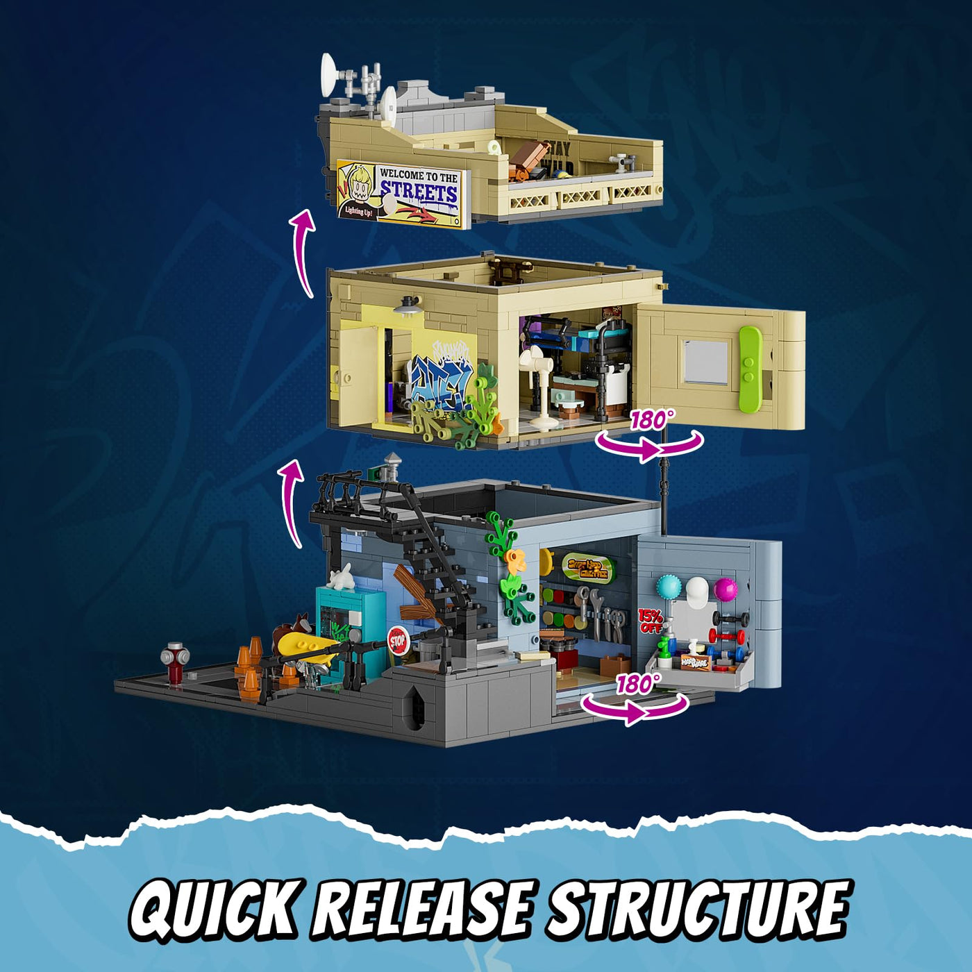 FUNWHOLE Skate Shop Bausteine Set mit LED Licht, 1573 PCS Bauklötze Straße Fusion Modell Klemmbausteine Spielzeug für Erwachsene und Jugendliche