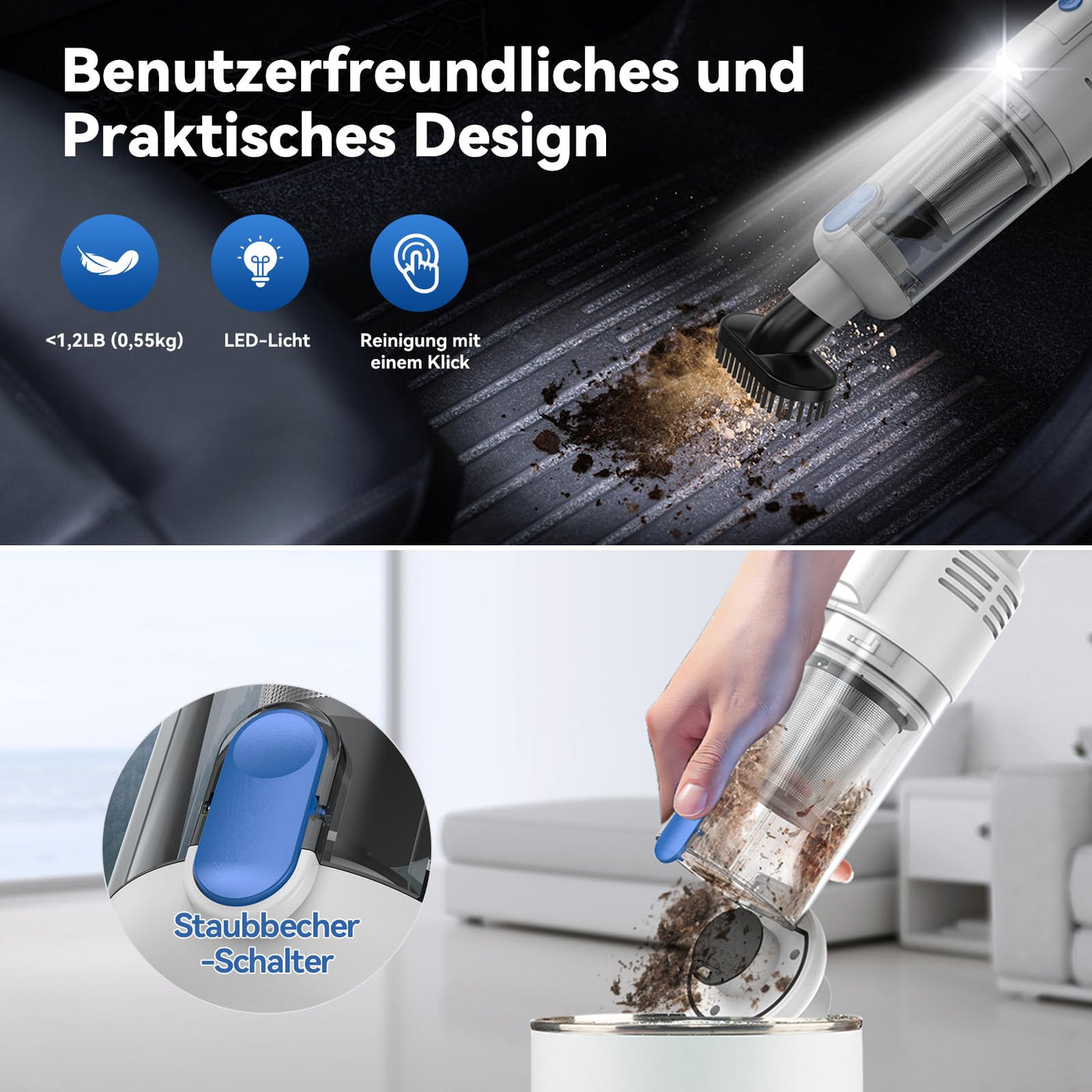 SIMWAL Auto Handstaubsauger Akku Kabellos - 9500PA stark tragbar Mini Staubsauger - 30Min Laufzeit USB aufladbar Autostaubsauger mit Waschbar HEPA Filter LED Beleuchtung für Haus, Küche, Büro