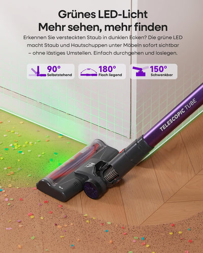 AlloyMove Akku Staubsauger Kabellos 45000Pa/450W/60Min, Leichter Staubsauger mit V-Anti-Tangle-Bürste mit LED-Licht, 65dB Ultra Leise, Selbststehend für Tierhaare Teppiche Hartböden A03