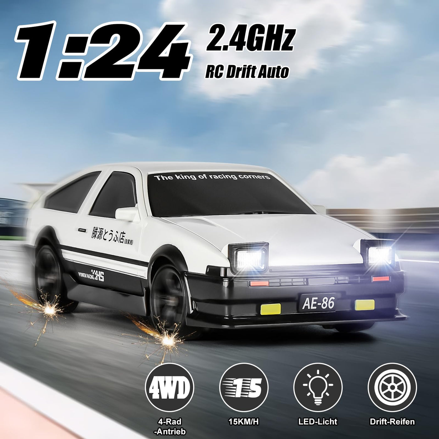 BuzzoXerex Drift Auto Ferngesteuert, Mini Drift Car, 1:24 4WD Mini RC Auto mit LED-Leuchten,18 km/h, RC Ferngesteuertes Spielzeugauto für Erwachsene und Kinder ab 6 Jahre älter (Weiß)