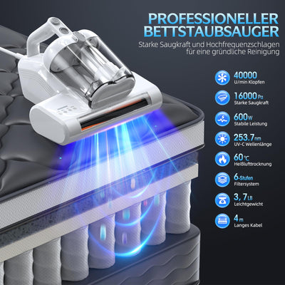 Milbensauger für Matratzen Milbenstaubsauger mit 253.7nm UV-C Licht 16Kpa Absaugung HEPA Filter Heißer Wind Funktion 40000 Rpm/Min Bürstenrolle Bett-Staubsauger Entfernt 99,9% Allergene 600W Weiß