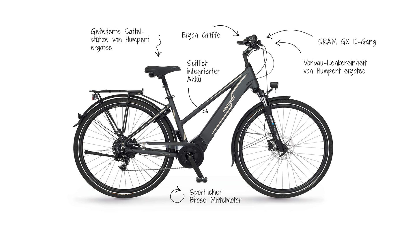 Fischer E-Bike Trekking, VIATOR 5.0i Elektrofahrrad für Damen, RH 49 cm, Mittelmotor 50 Nm, 36 V Akku im Rahmen, schiefergrau matt, 28 Zoll