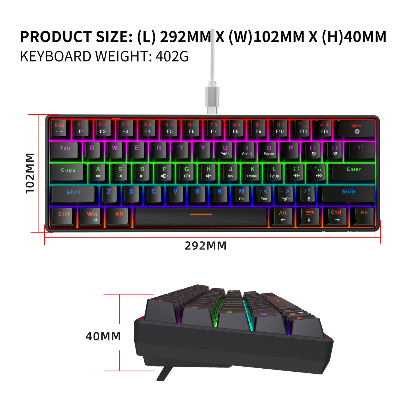 Snpurdiri 60% kabelgebundene Mechanische Gaming Tastatur, Anti-Ghosting 61 Tasten, RGB-Hintergrundbeleuchtung, Ultrakompakter Blauer Schalter, Doppelfuß, Schwarz