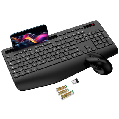 Tastatur Maus Set kabellos, Handballenauflage, Telefonhalter, Akku im Lieferumfang enthalten, 2.4G keine Latenz Ergonomische Tastatur kabellos Set, Leise Maus und Tastatur für Laptop, PC, Mac, Windows