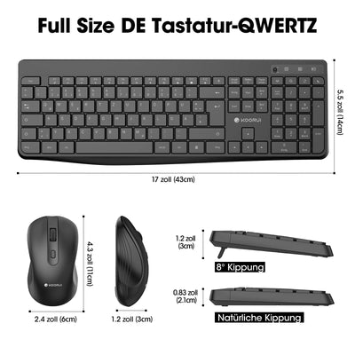 KOORUI Tastatur und Maus Kabellos, Leise Maus Tastatur Set Deutsches Layout QWERTZ mit 12 Funktionstasten 2.4 GHz Tastatur Maus Set für Windows,MacOS,Linux-Schwarz
