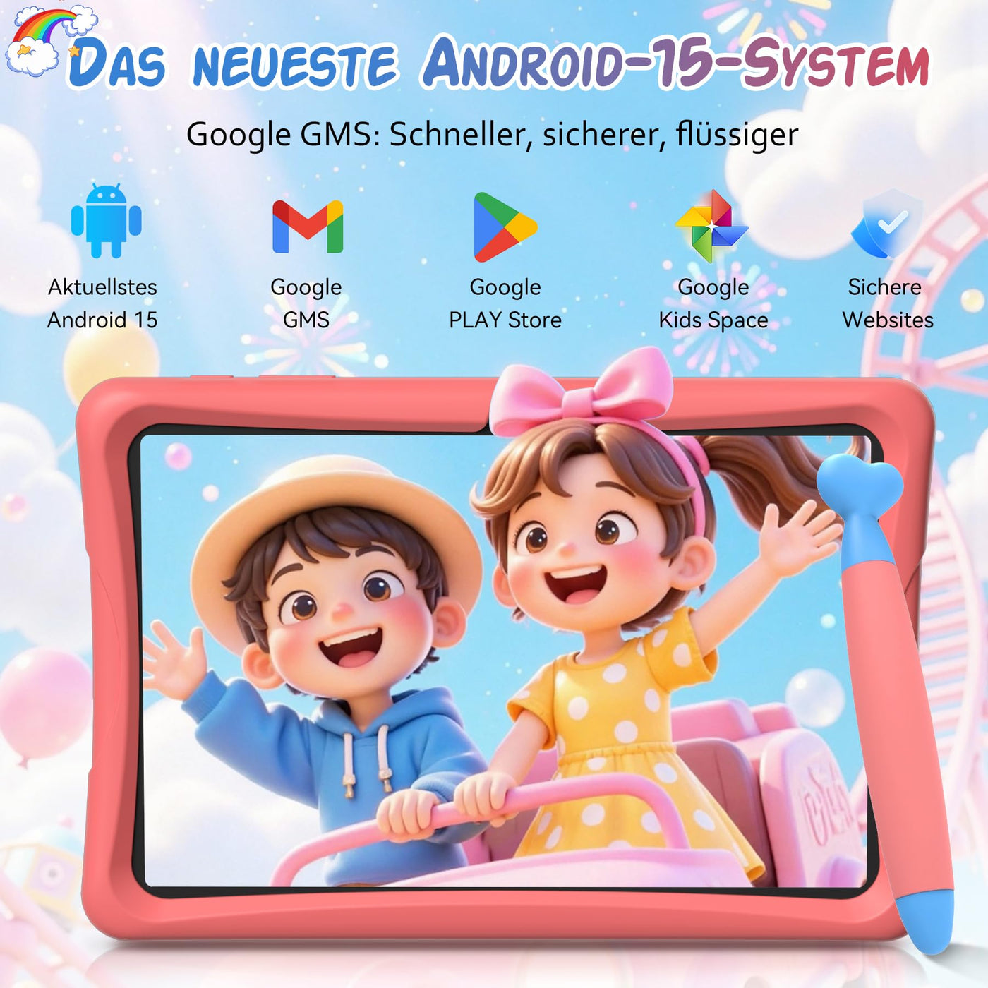 TABWEE Kinder Tablet 10 Zoll, Android 15 mit 12GB RAM + 64GB ROM + 2TB Erweiterbar, 5G WiFi, Widevine L1, 5000mAh, Quad Core, Elterliche Kontrolle, GMS Certified Kids Tablet mit Eva Case