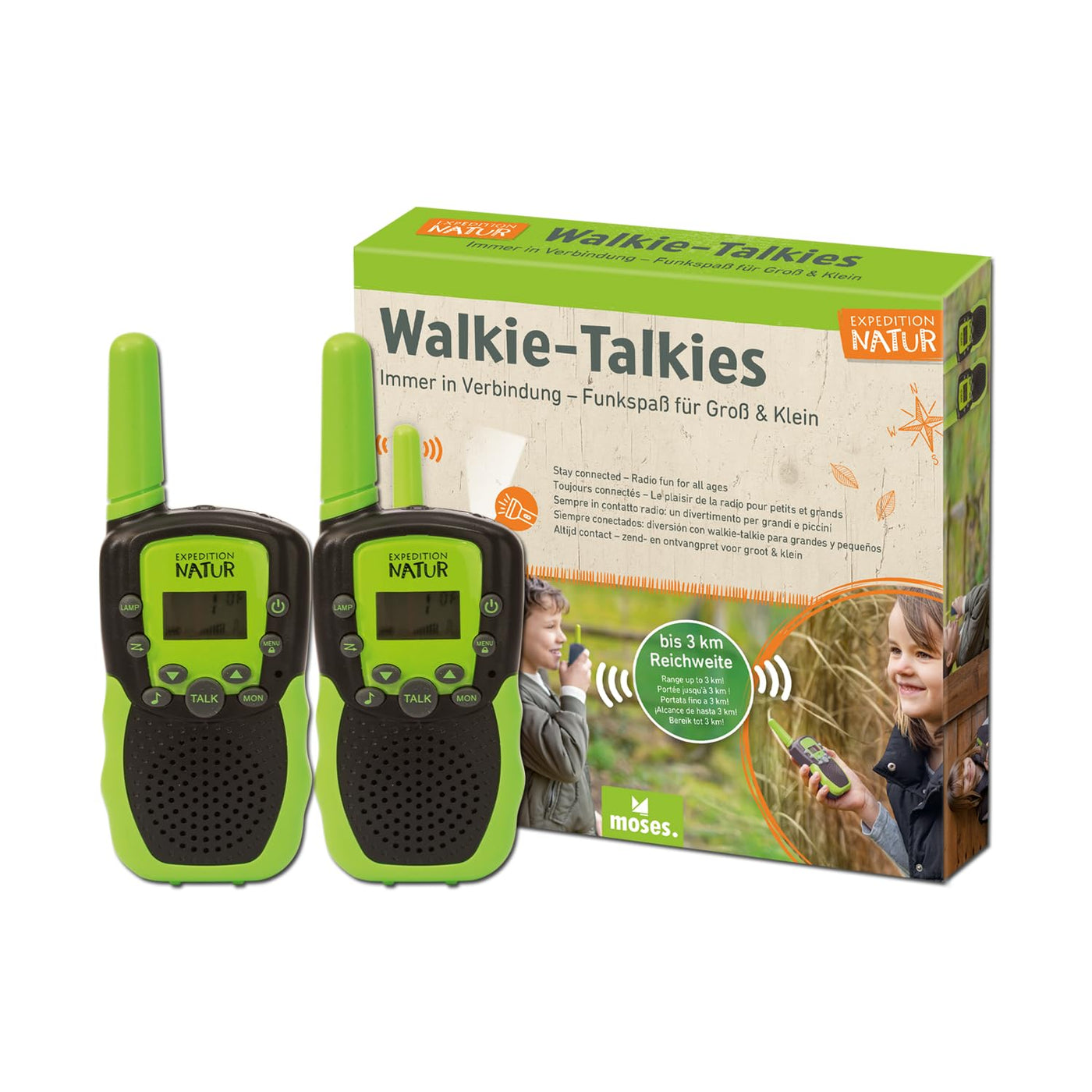 Moses. Expedition Natur Walkie-Talkie, 2 Walkie-Talkies für Kinder ab 6 Jahren, bis zu 3 km Reichweite, 22 Kanäle, 2er Set Funkgeräte mit integrierter Taschenlampe & Gürtelclip, Outdoor-Spielzeug